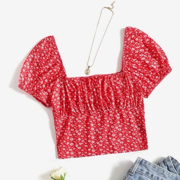 scoop neck, floral red crop top - Picture 1 of 1
